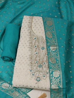 MEENA BAZAAR - Women Embroidered Chanderi Blue Unstitched Kurta with Pant and Dupatta