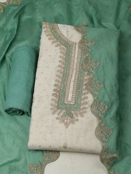 MEENA BAZAAR - Women Embroidered Chanderi Green Unstitched Kurta with Pant and Dupatta