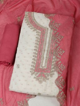 MEENA BAZAAR - Women Embroidered Chanderi Pink Unstitched Kurta with Pant and Dupatta