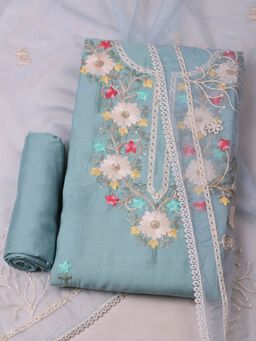 MEENA BAZAAR - Women Embroidered Chanderi Blue Unstitched Kurta with Pant and Dupatta