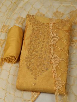 MEENA BAZAAR - Women Embroidered Chanderi Mustard Unstitched Kurta with Pant and Dupatta