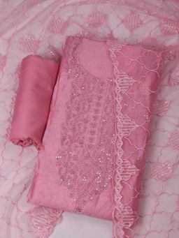 MEENA BAZAAR - Women Embroidered Chanderi Pink Unstitched Kurta with Pant and Dupatta