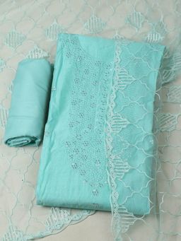 MEENA BAZAAR - Women Embroidered Chanderi Green Unstitched Kurta with Pant and Dupatta