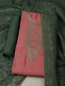 MEENA BAZAAR - Women Embroidered Chanderi Pink Unstitched Kurta with Pant and Dupatta