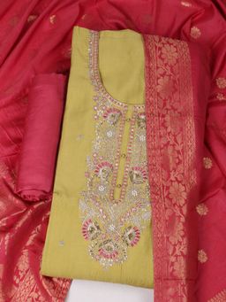 MEENA BAZAAR - Women Embroidered Chanderi Mehndi Yellow Unstitched Kurta with Pant and Dupatta