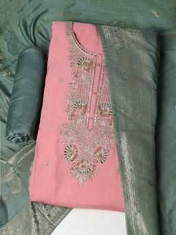 MEENA BAZAAR - Women Chanderi Pink Unstitched Kurta with Pant and Dupatta