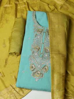 MEENA BAZAAR - Women Chanderi Green Unstitched Kurta with Pant and Dupatta
