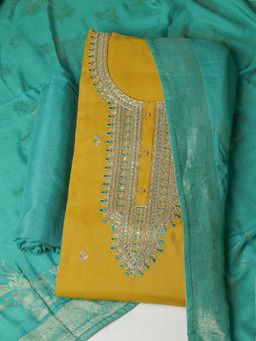 MEENA BAZAAR - Women Embroidered Chanderi Mehndi yellow Unstitched Kurta with Pant and Dupatta