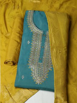 MEENA BAZAAR - Women Chanderi Green Unstitched Kurta with Pant and Dupatta
