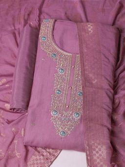 MEENA BAZAAR - Women Embroidered Chanderi Lavender Unstitched Kurta with Pant and Dupatta