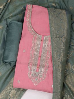 MEENA BAZAAR - Women Chanderi Pink Unstitched Kurta with Pant and Dupatta