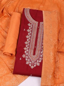 MEENA BAZAAR - Embroidered Chanderi Maroon Unstitched Kurta with Pant and Dupatta