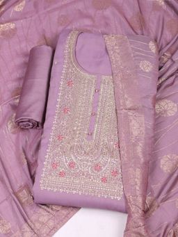 MEENA BAZAAR - Embroidered Chanderi Lavender Unstitched Kurta with Pant and Dupatta