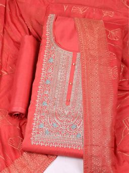 MEENA BAZAAR - Embroidered Chanderi Rust Unstitched Kurta with Pant and Dupatta
