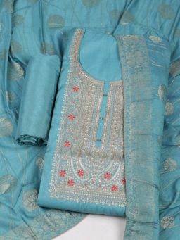 MEENA BAZAAR - Embroidered Chanderi Green Unstitched Kurta with Pant and Dupatta