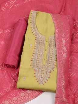 MEENA BAZAAR - Embroidered Chanderi Mustard Unstitched Kurta with Pant and Dupatta