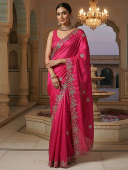 Akhilam - Pure Georgette Embellished Designer Pink Saree With Unstitched Blouse