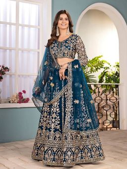 Odette - Teal Blue Net Embroidery Semi-Stitched Lehenga with Unstitched Choli and Dupatta