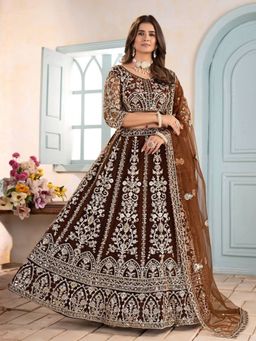 Odette - Brown Net Embroidery Semi-Stitched Lehenga with Unstitched Choli and Dupatta