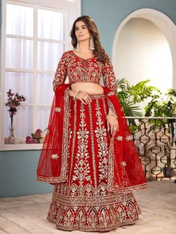 Odette - Red Net Embroidery Semi-Stitched Lehenga with Unstitched Choli and Dupatta
