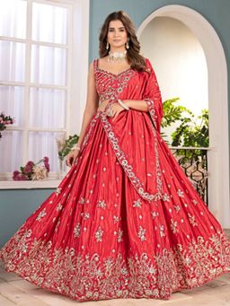 Odette - Red Chinon Embroidery Semi-Stitched Lehenga with Unstitched Choli and Dupatta