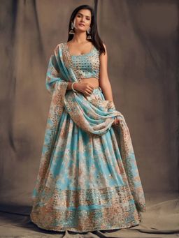Odette - Aqua Blue Organza Floral Semi-Stitched Lehenga with Unstitched Choli and Dupatta