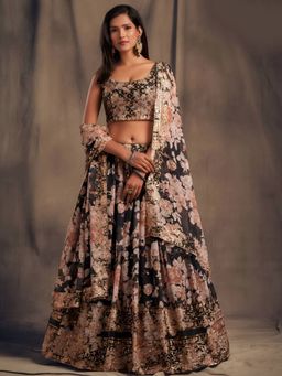 Odette - Black Organza Floral Semi-Stitched Lehenga with Unstitched Choli and Dupatta