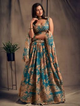 Odette - Blue Organza Floral Semi-Stitched Lehenga with Unstitched Choli and Dupatta