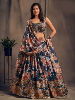 Odette - Blue Organza Floral Semi-Stitched Lehenga with Unstitched Choli and Dupatta