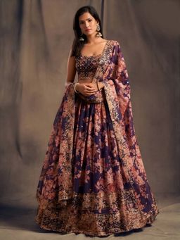 Odette - Purple Organza Floral Semi-Stitched Lehenga with Unstitched Choli and Dupatta