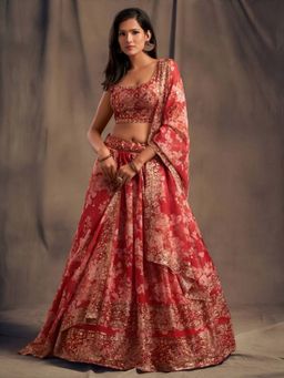 Odette - Red Organza Floral Semi-Stitched Lehenga with Unstitched Choli and Dupatta