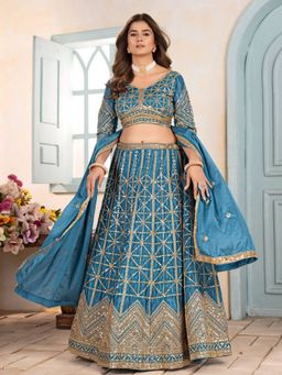 Odette - Sky Blue Chinon Embroidery Semi-Stitched Lehenga with Unstitched Choli and Dupatta