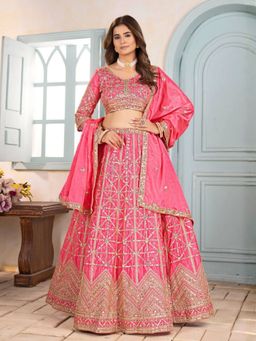 Odette - Pink Chinon Embroidery Semi-Stitched Lehenga with Unstitched Choli and Dupatta
