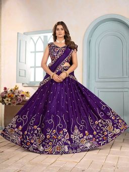 Odette - Purple Chinon Embroidery Semi-Stitched Lehenga with Unstitched Choli and Dupatta