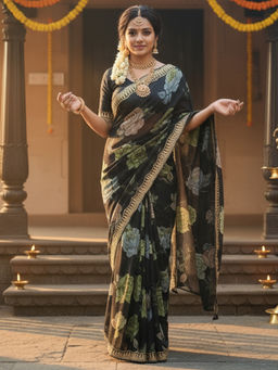 Akhilam - Georgette Embellished Designer Black Saree With Unstitched Blouse