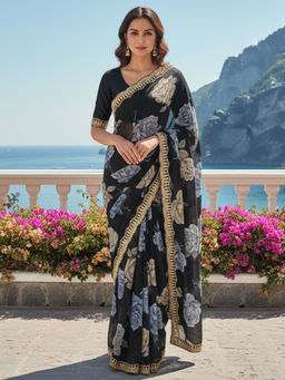 Akhilam - Georgette Embellished Designer Black Saree With Unstitched Blouse