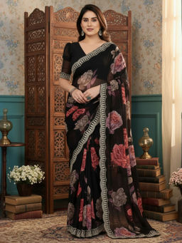 Akhilam - Georgette Embellished Designer Black Saree With Unstitched Blouse
