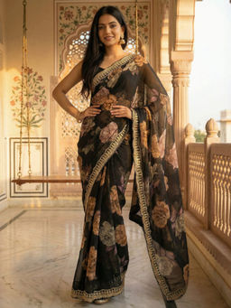 Akhilam - Georgette Embellished Designer Black Saree With Unstitched Blouse