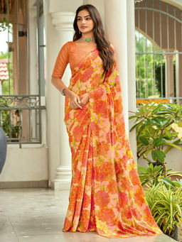 Akhilam - Cotton Blend Floral Printed Designer Orange Saree With Unstitched Blouse