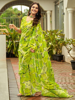 Akhilam - Cotton Blend Floral Printed Designer Green Saree With Unstitched Blouse