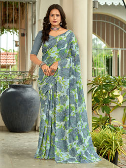 Akhilam - Cotton Blend Floral Printed Designer Grey Saree With Unstitched Blouse