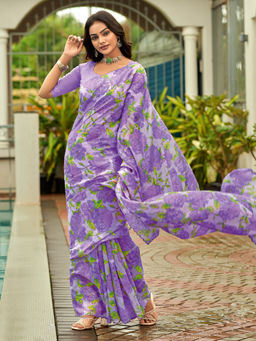Akhilam - Cotton Blend Floral Printed Designer Lavender Saree With Unstitched Blouse