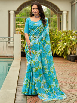 Akhilam - Cotton Blend Floral Printed Designer Turquoise Saree With Unstitched Blouse
