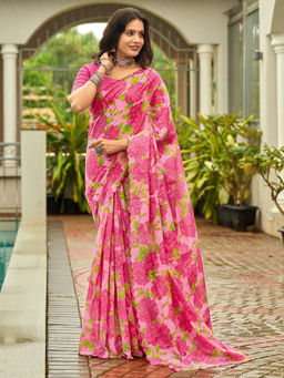 Akhilam - Cotton Blend Floral Printed Designer Pink Saree With Unstitched Blouse