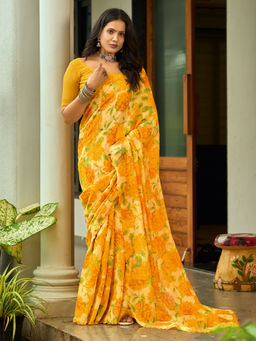 Akhilam - Cotton Blend Floral Printed Designer Yellow Saree With Unstitched Blouse