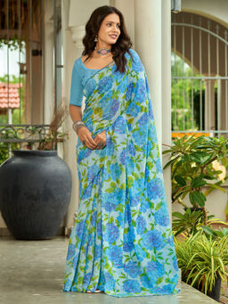 Akhilam - Cotton Blend Floral Printed Designer Blue Saree With Unstitched Blouse