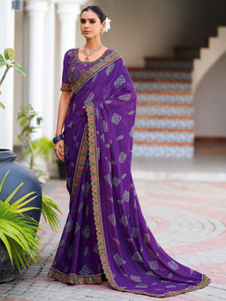 Akhilam - Georgette Embellished Purple Saree With Unstitched Blouse