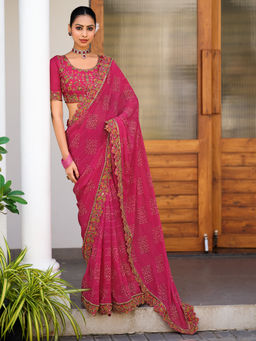 Akhilam - Georgette Embellished Pink Saree With Unstitched Blouse