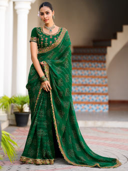 Akhilam - Georgette Embellished Green Saree With Unstitched Blouse