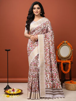 Akhilam - Cotton Linen Kalamkari Designer Multicolor Saree With Unstitched Blouse